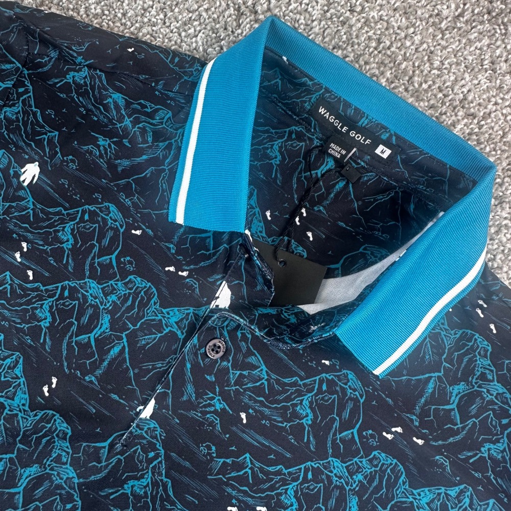 Waggle Golf Pique Polo Mens Medium Abominable Yeti Mountain Print Teal Black NWT